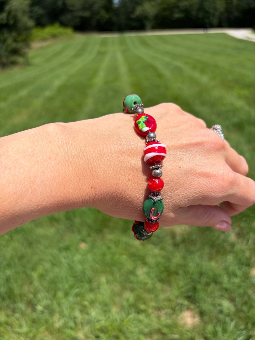 Christmas Stocking Candy Cane Tree  Jewelry Glass Beads Bracelet Stretchy